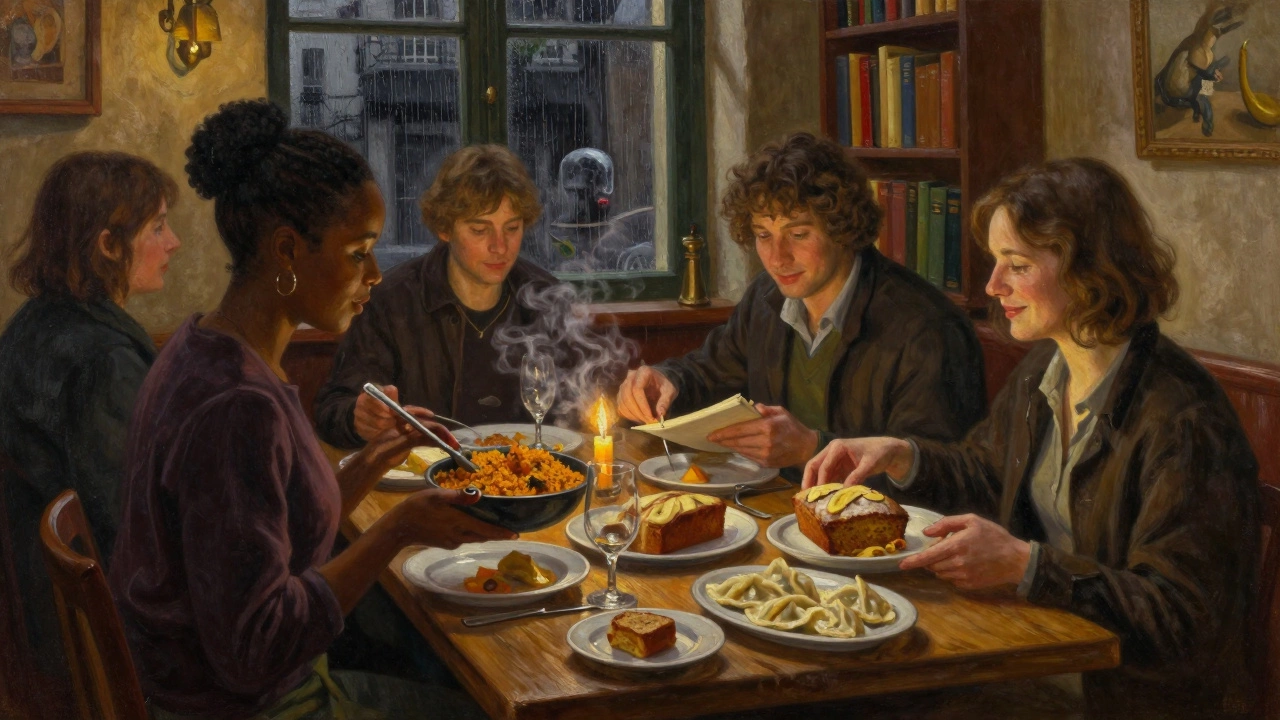 A diverse group shares a quiet potluck dinner in a dimly lit basement café, steam rising from homemade dishes.