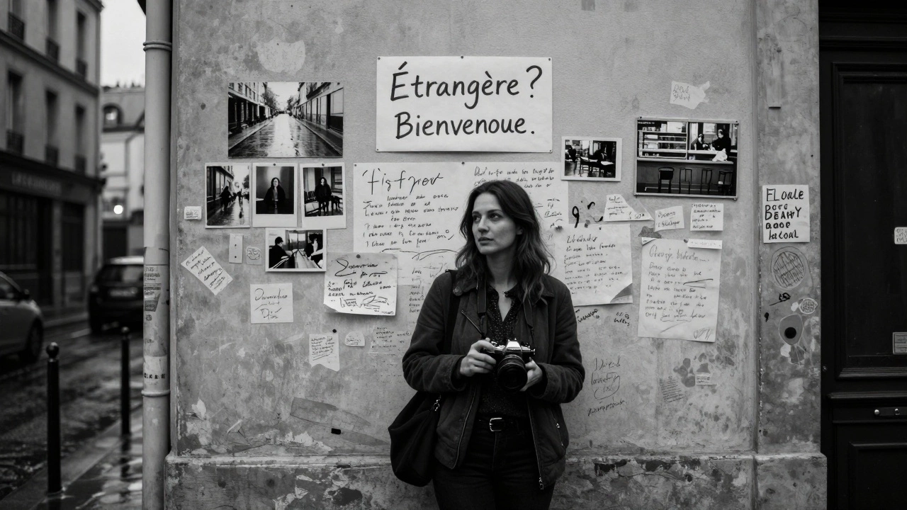 A woman stands alone in a Paris alley at twilight, surrounded by her own photos and a handwritten welcome note.