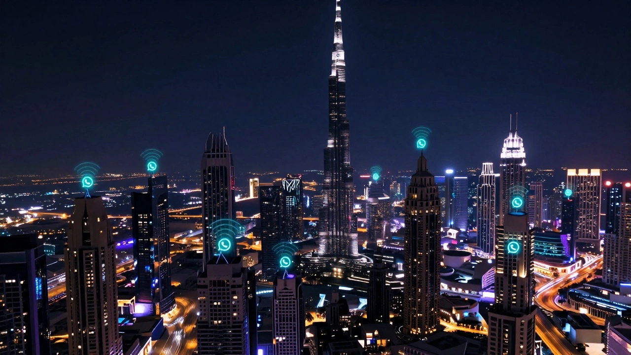 Dubai&#039;s glittering skyline at night with faint digital communication signals glowing in the shadows between buildings.