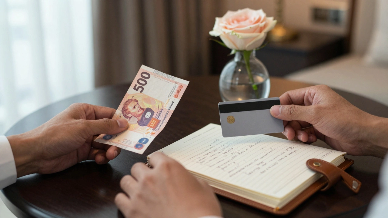 Hands placing a hotel keycard and cash on a table beside a notebook and rose, in a luxurious room with soft daylight.